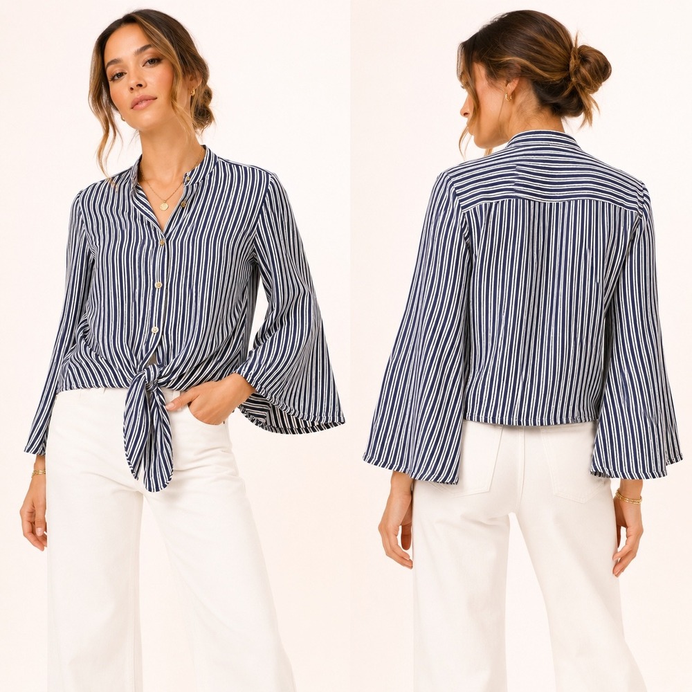 Michael Michael Kors Navy White Striped Tie Front Bell Sleeve Blouse Small‎